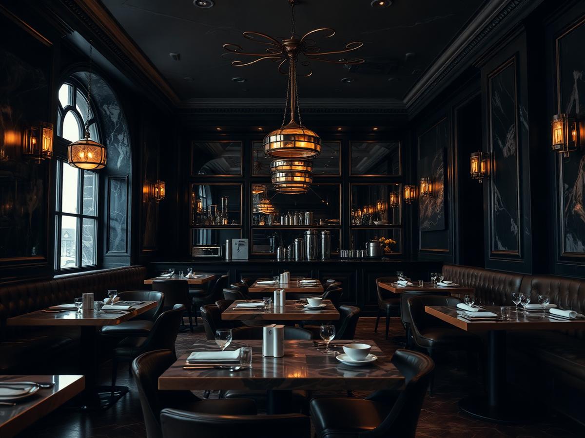 AURA café interior with warm brass lighting